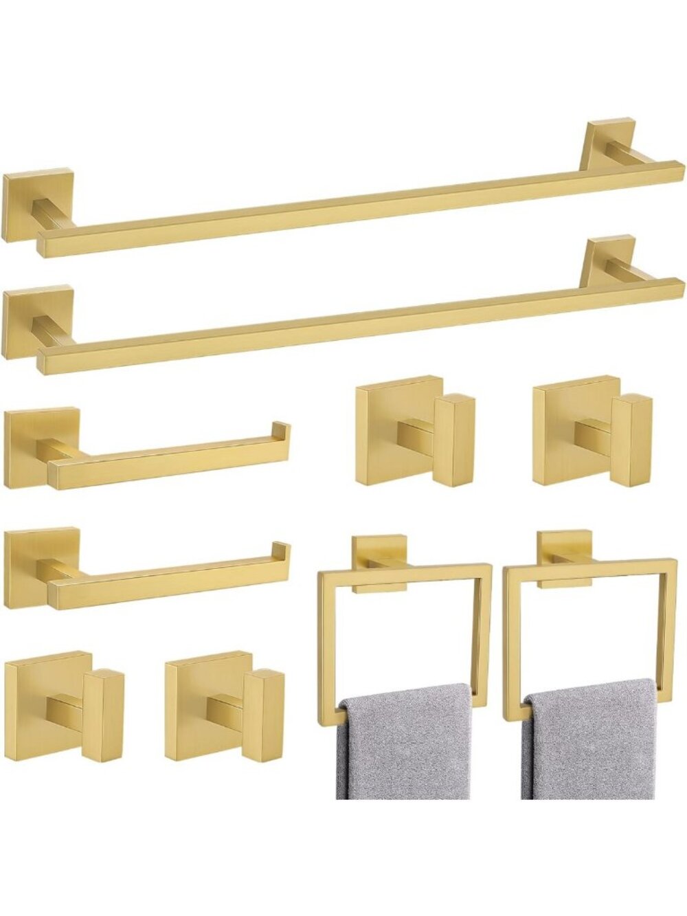 Elegant Brushed Gold Bathroom Accessory Set - 10 Pieces, Wall-Mounted Towel Bar